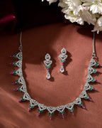VOJ Silver Plated Green And Pink Stone AD Necklace And Earrings Set