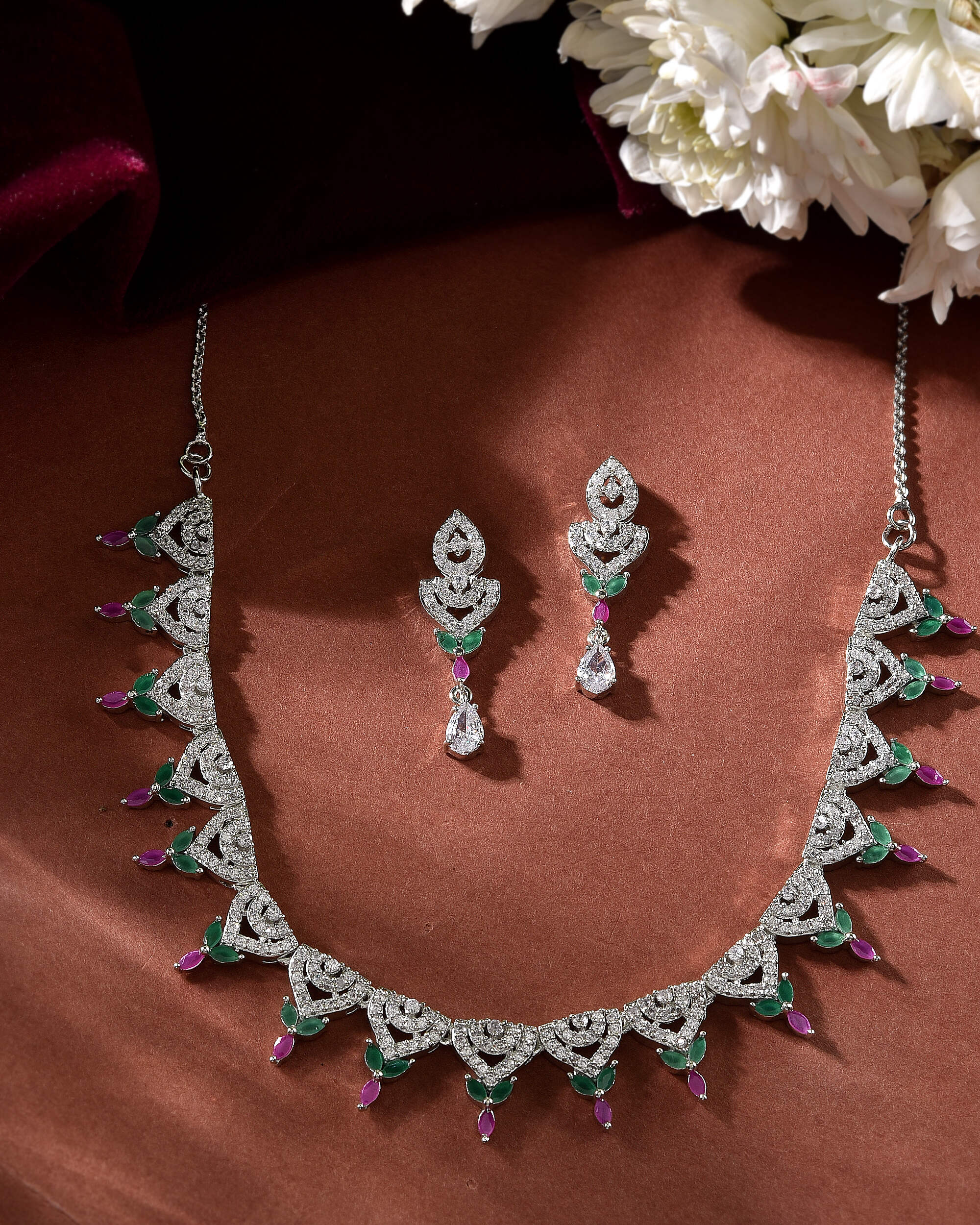 VOJ Silver Plated Green And Pink Stone AD Necklace And Earrings Set