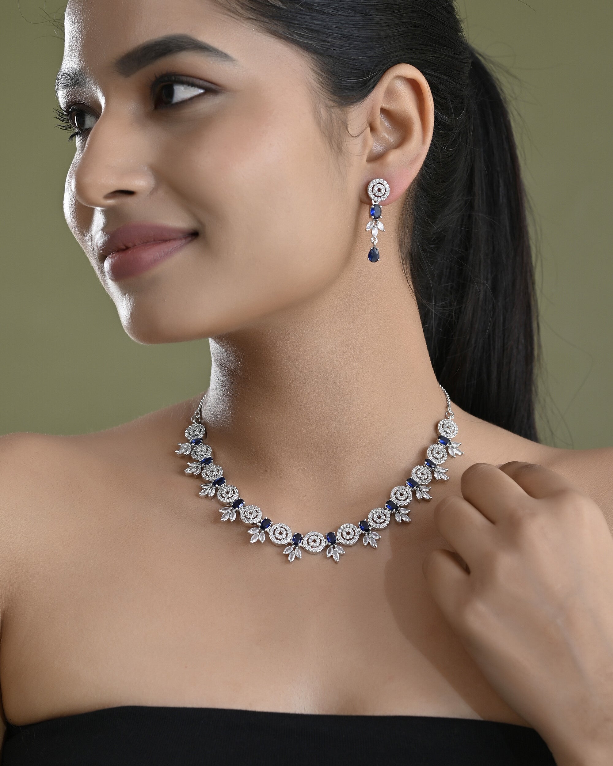 VOJ Silver Plated Dark Blue Stone Circular AD Jewellery Set