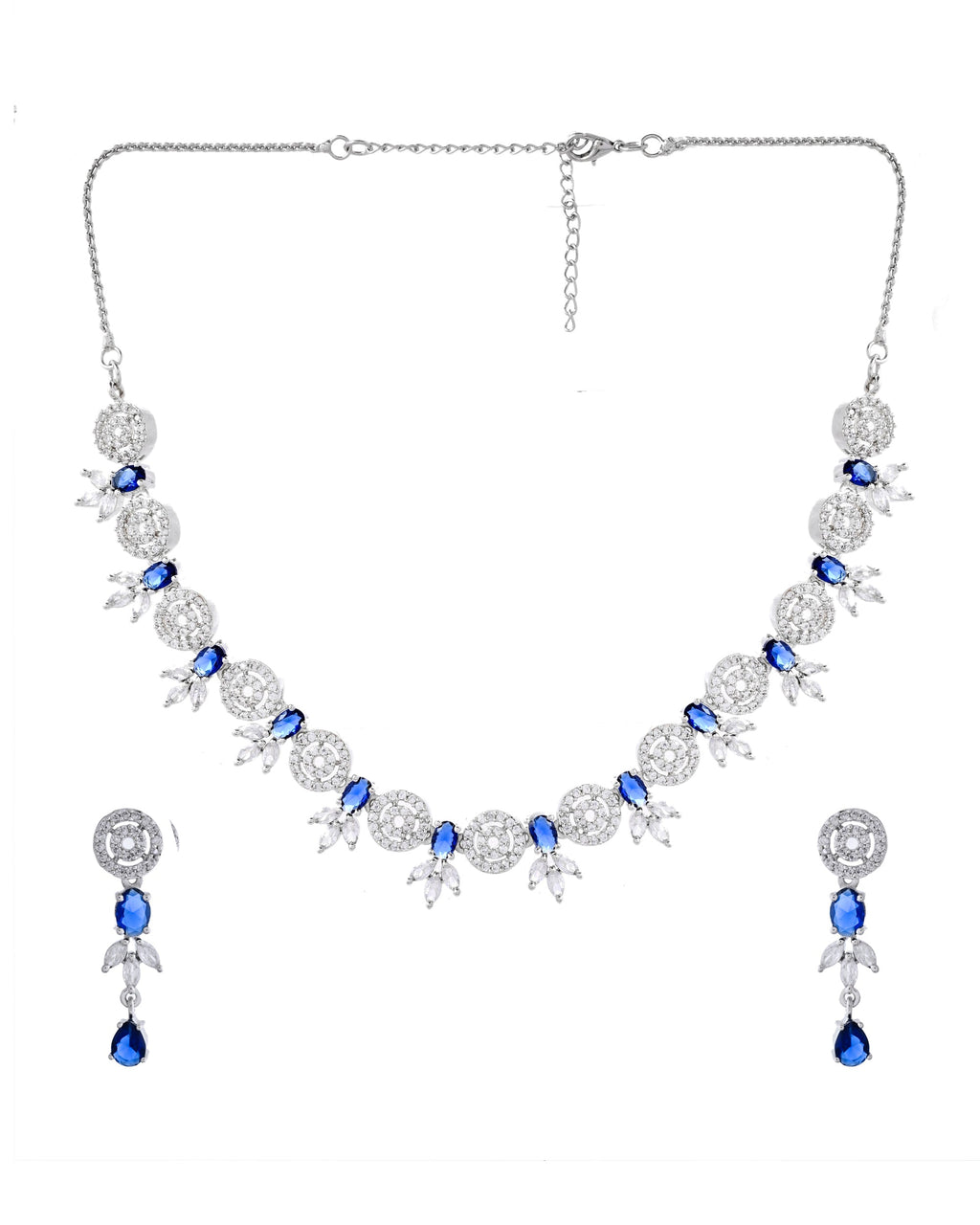 VOJ Silver Plated Dark Blue Stone Circular AD Jewellery Set