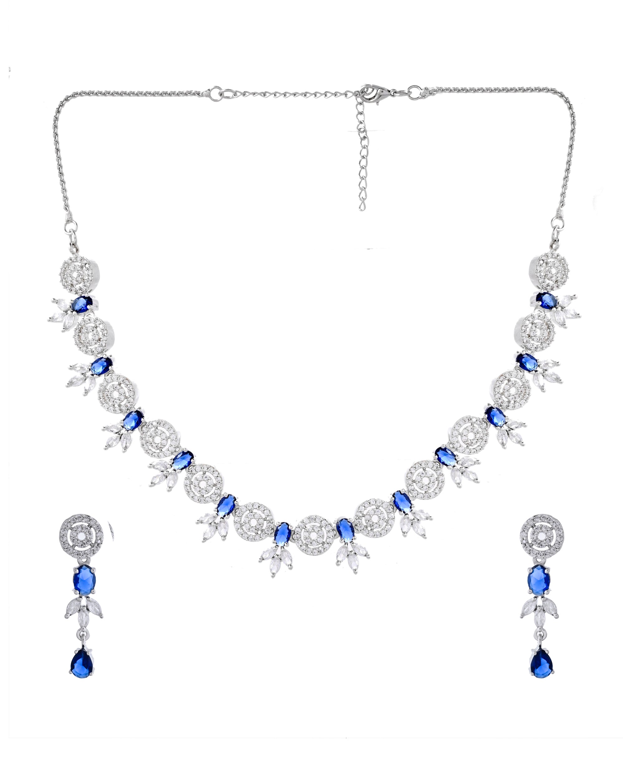 VOJ Silver Plated Dark Blue Stone Circular AD Jewellery Set