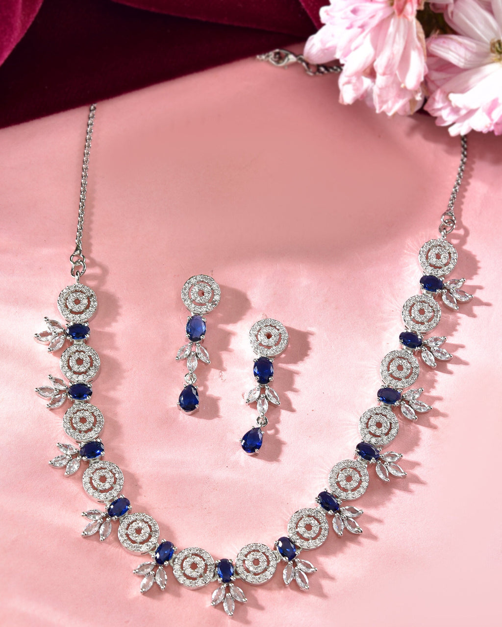 VOJ Silver Plated Dark Blue Stone Circular AD Jewellery Set