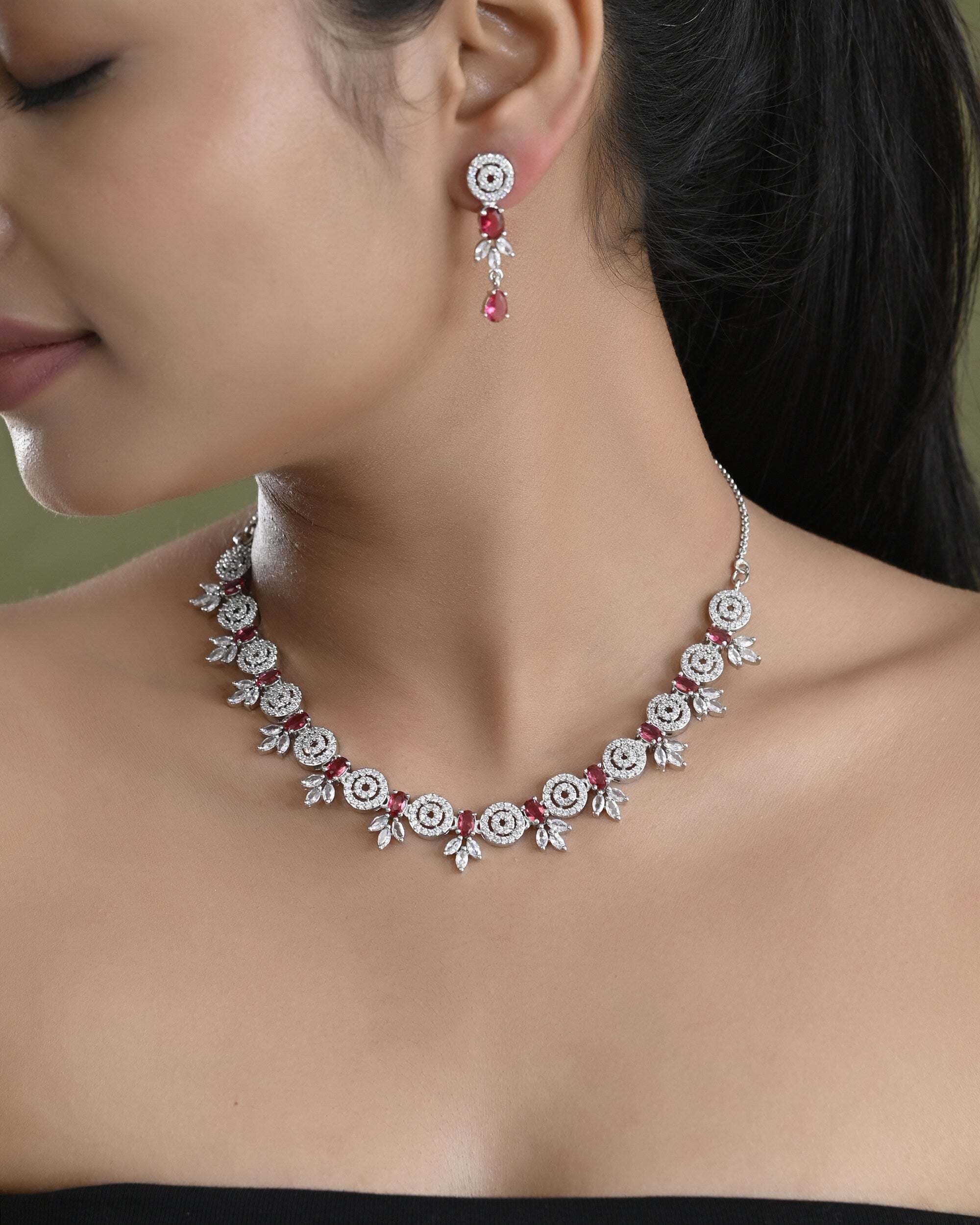 VOJ Silver Plated Pink Stone Circular AD Jewellery Set