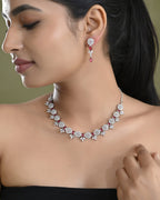 VOJ Silver Plated Pink Stone Circular AD Jewellery Set