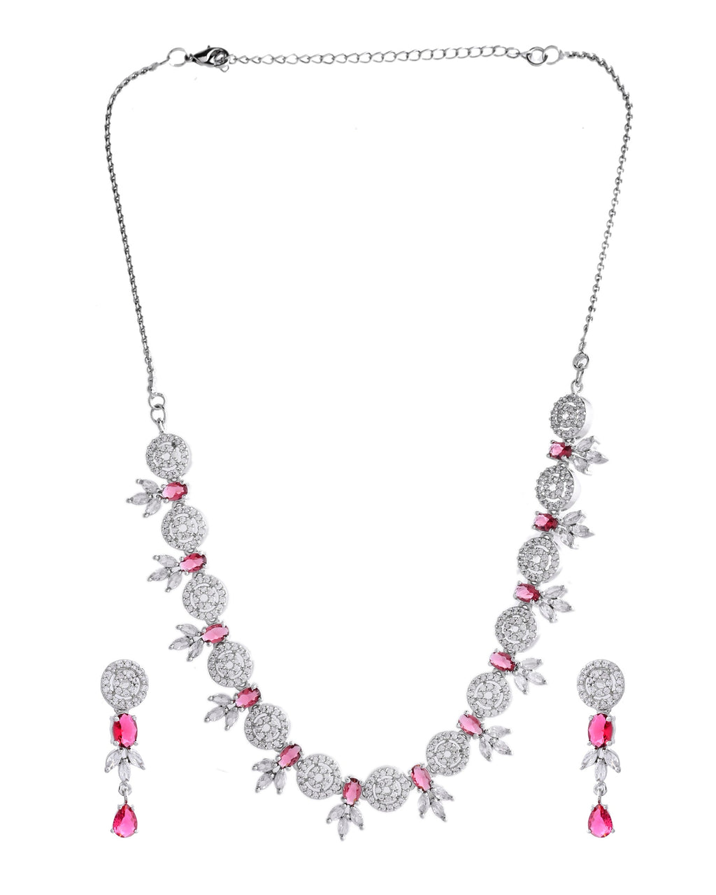VOJ Silver Plated Pink Stone Circular AD Jewellery Set