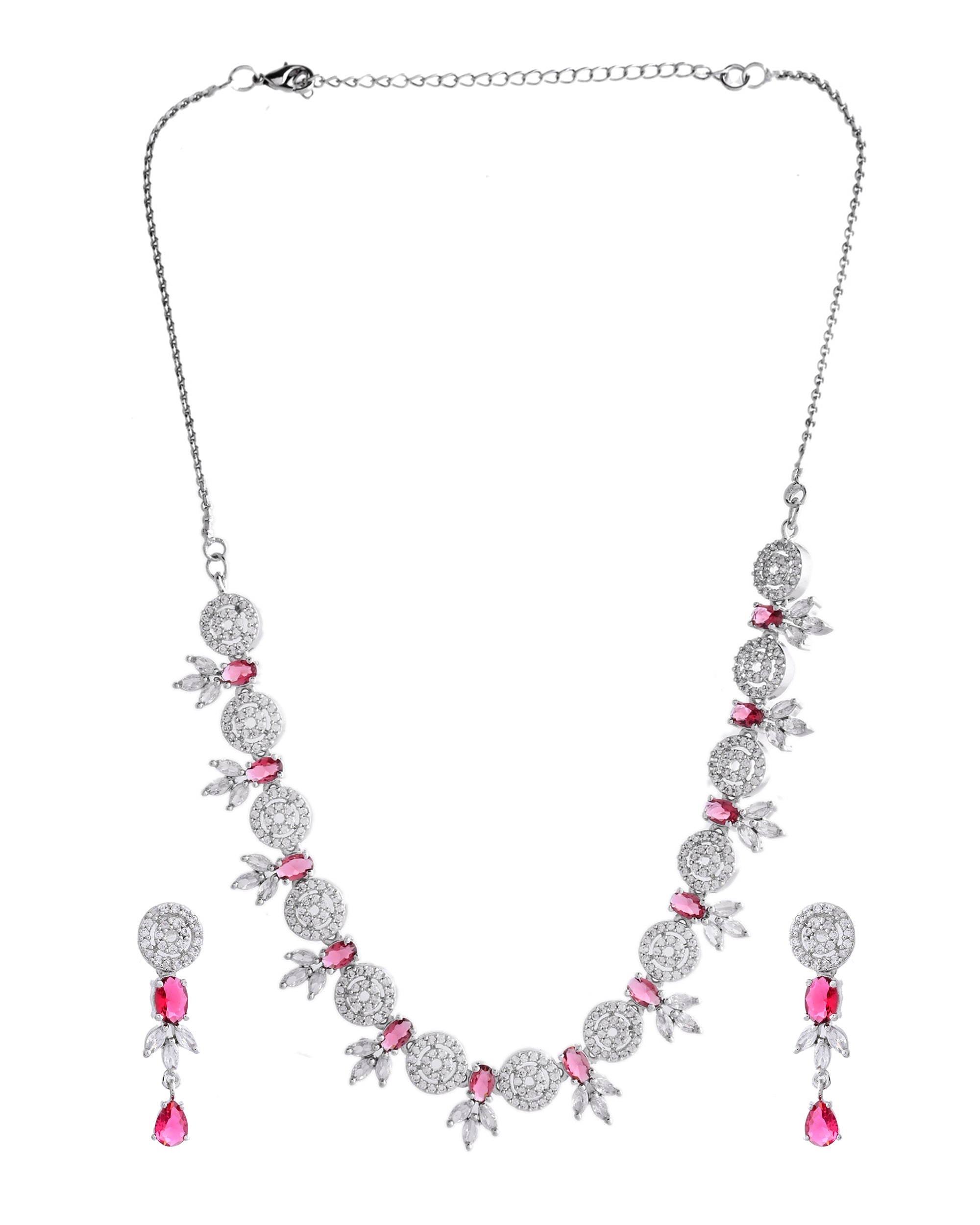 VOJ Silver Plated Pink Stone Circular AD Jewellery Set