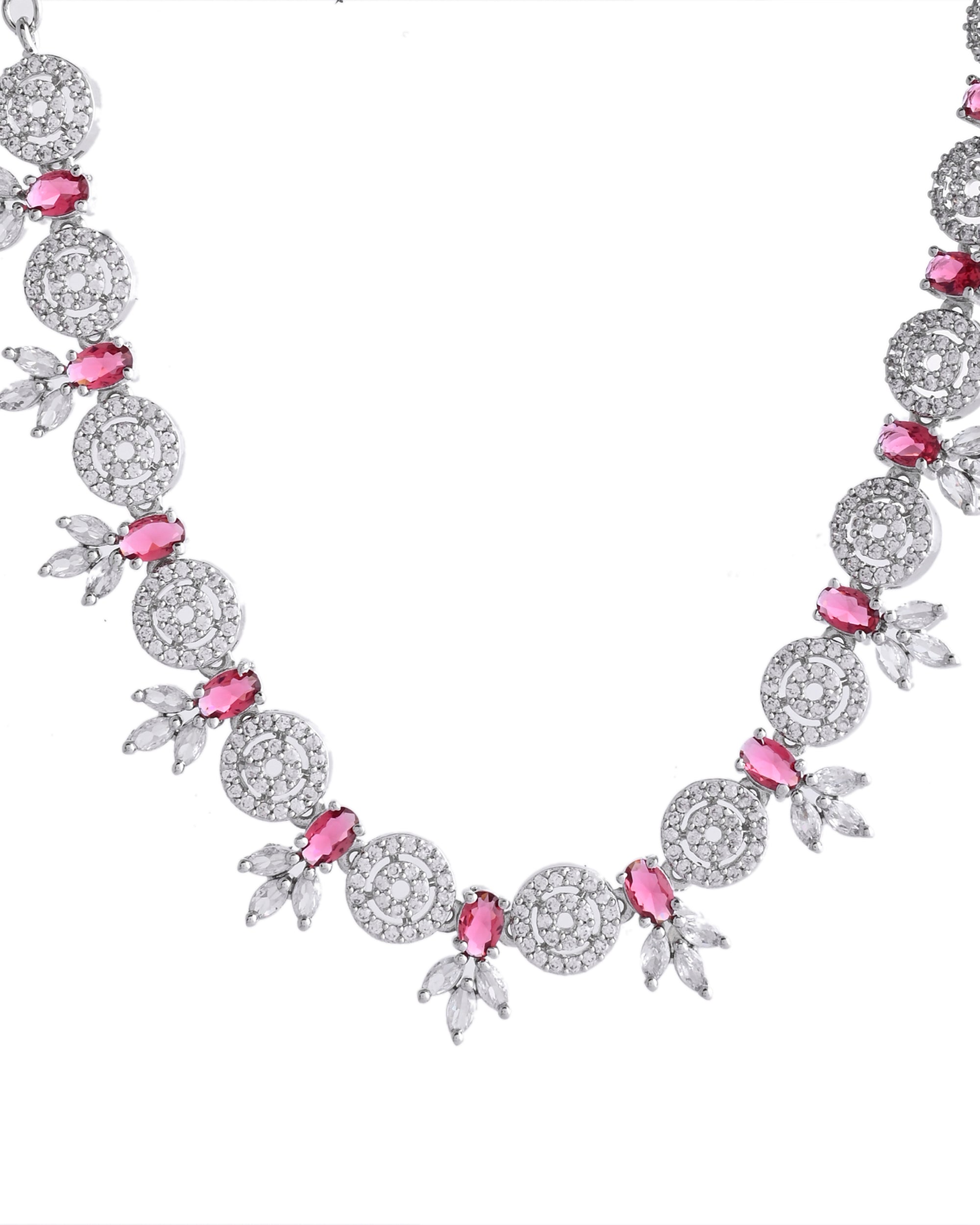 VOJ Silver Plated Pink Stone Circular AD Jewellery Set