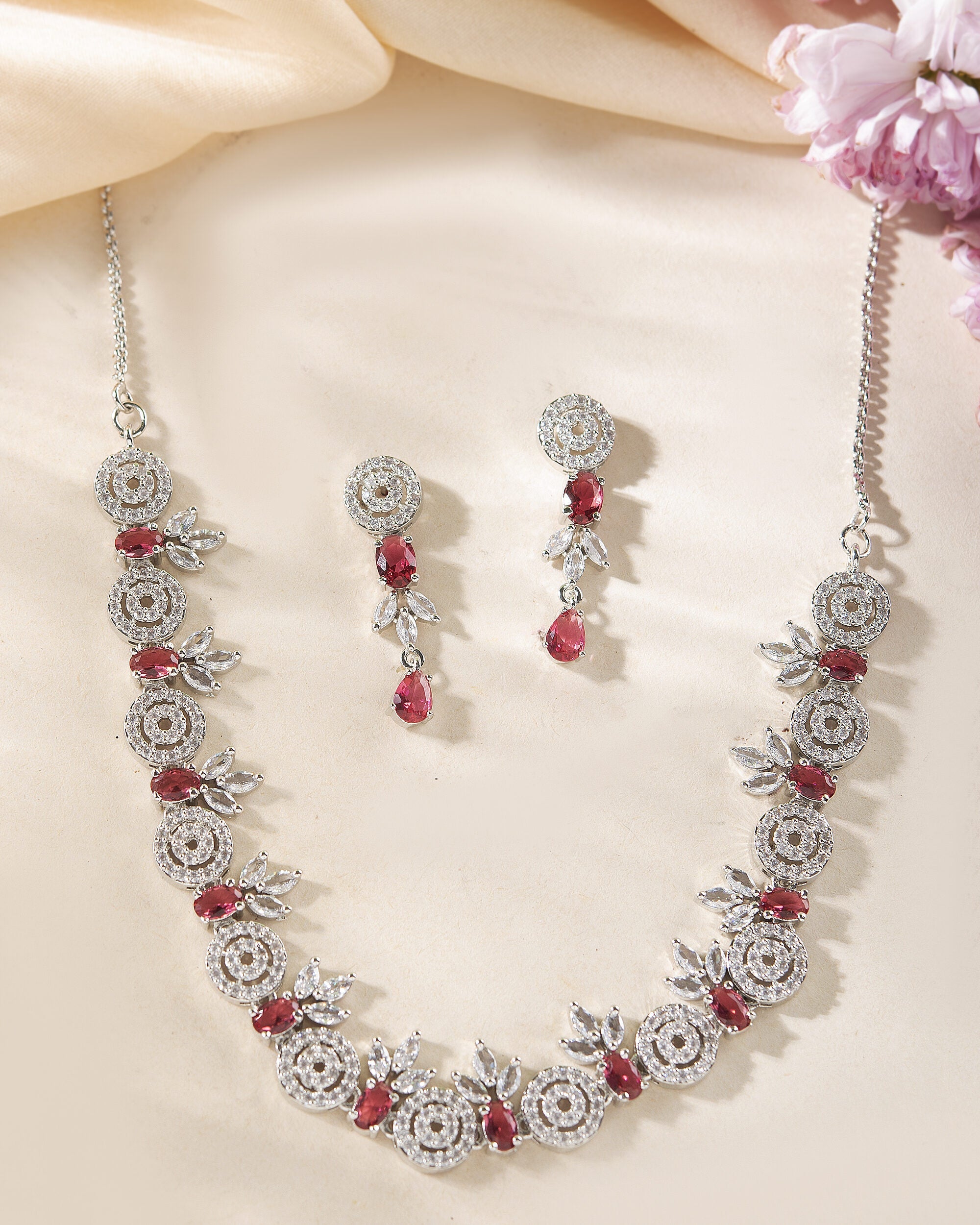 VOJ Silver Plated Pink Stone Circular AD Jewellery Set