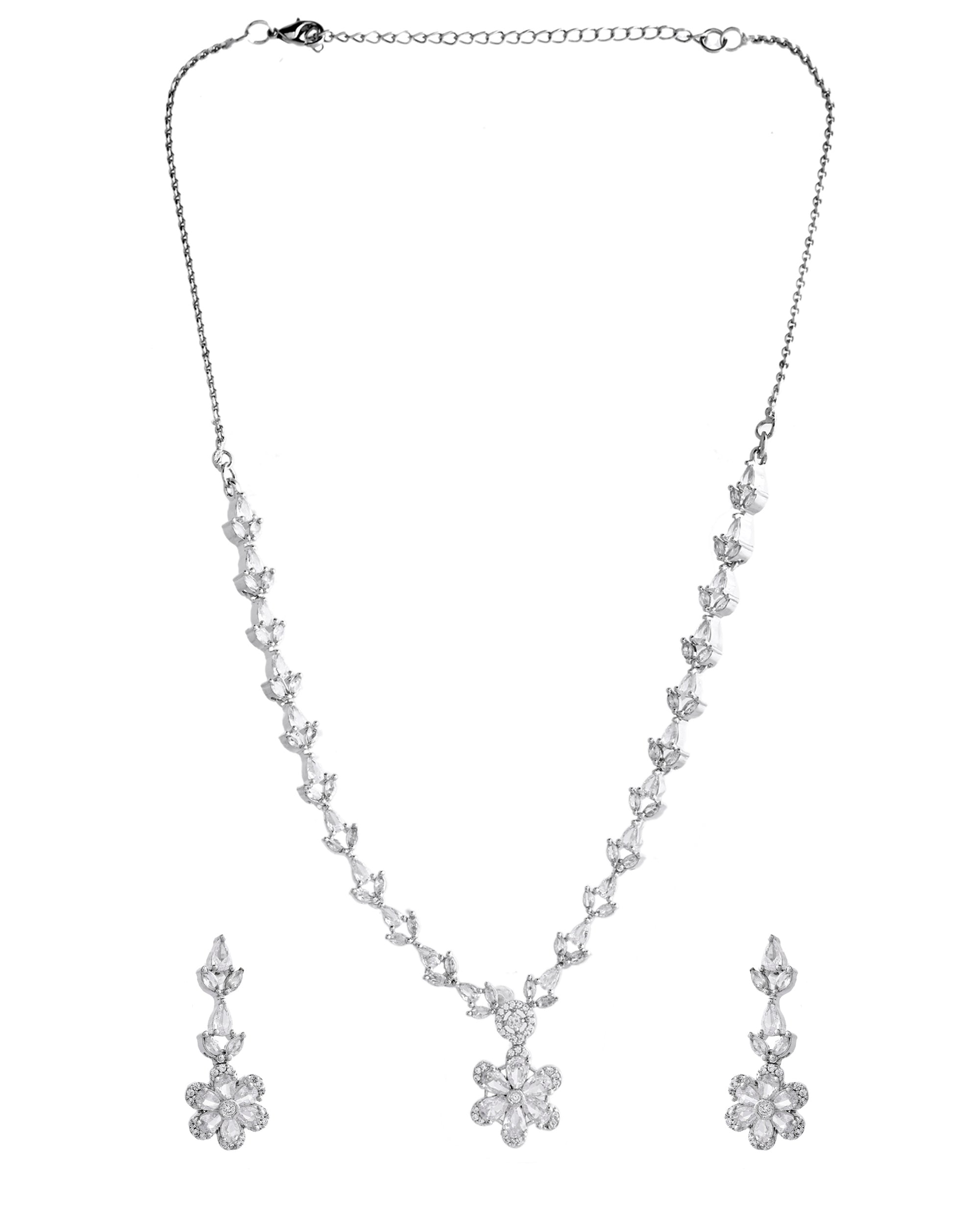 VOJ Silver Plated Floral AD Jewellery Set