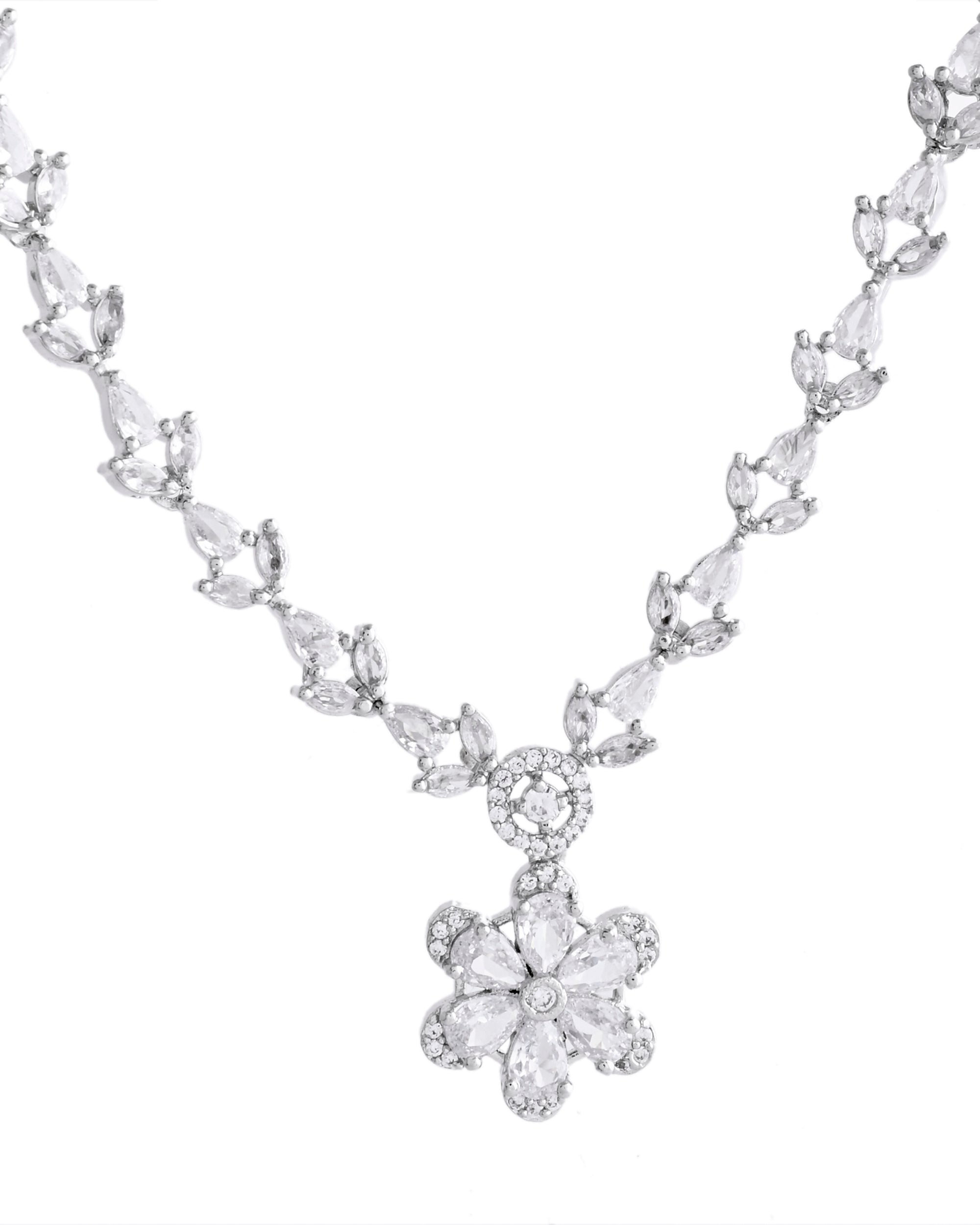 VOJ Silver Plated Floral AD Jewellery Set