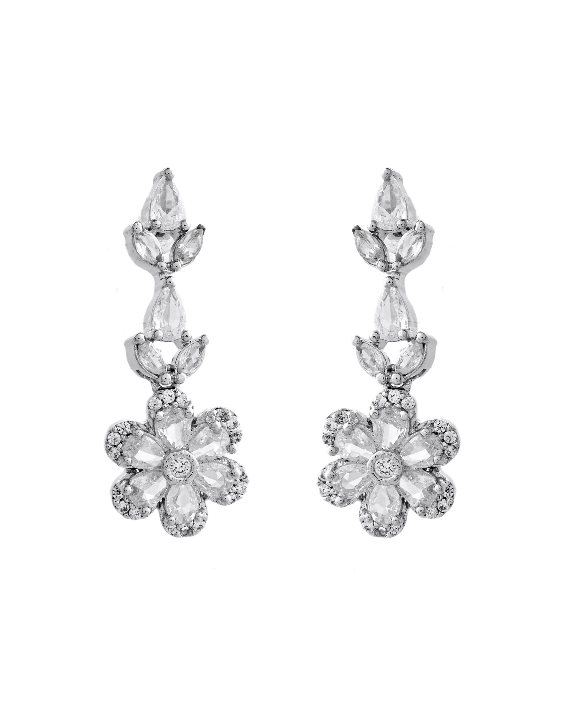 VOJ Silver Plated Floral AD Jewellery Set