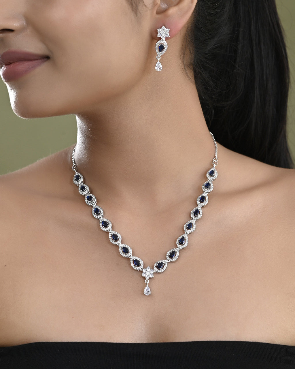VOJ Silver Plated Dark Stone Tear Drop Shaped AD Jewellery Set