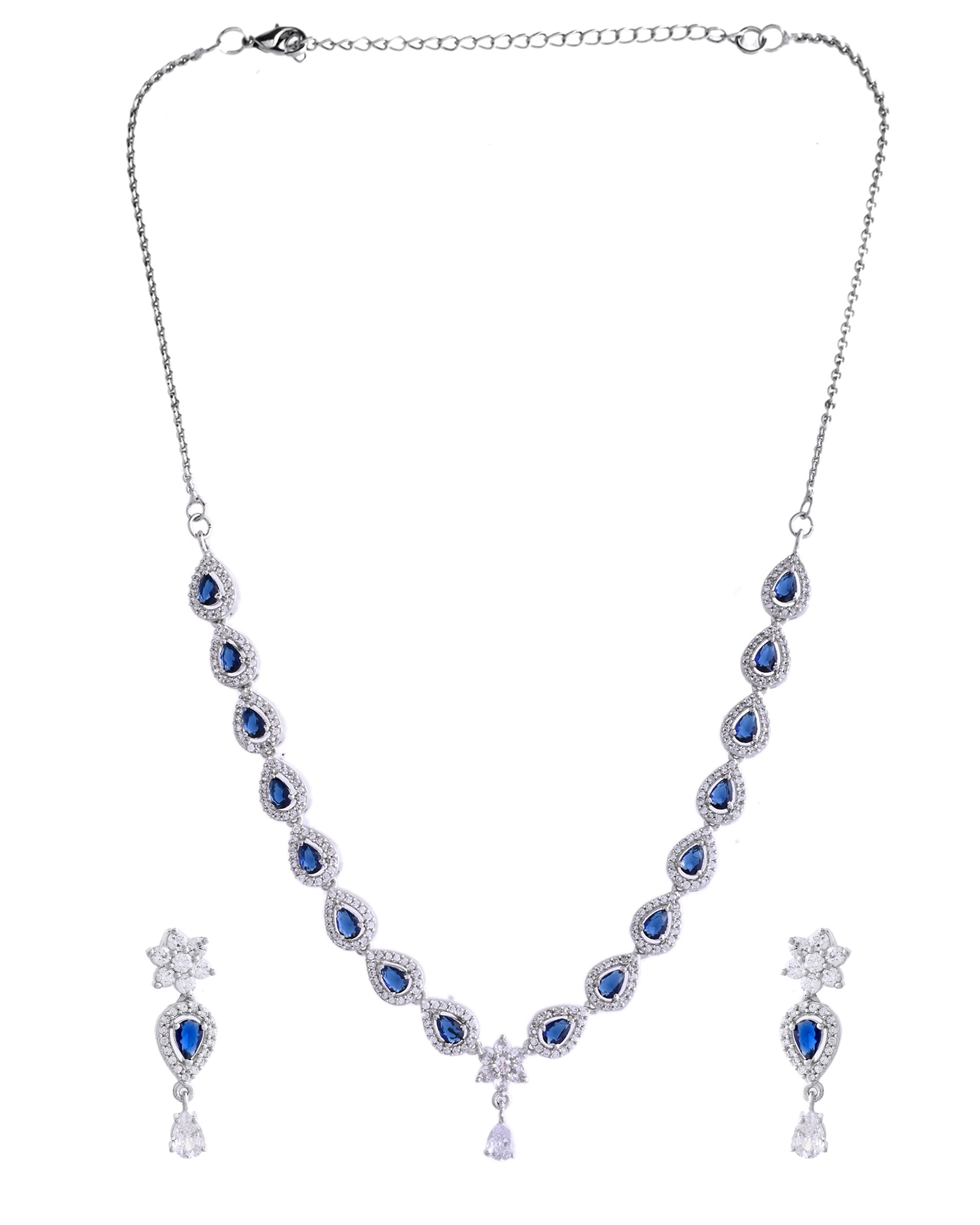 VOJ Silver Plated Dark Stone Tear Drop Shaped AD Jewellery Set