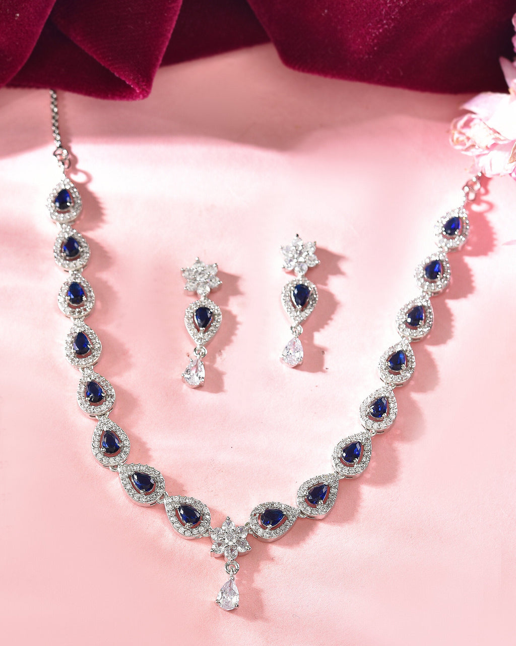 VOJ Silver Plated Dark Stone Tear Drop Shaped AD Jewellery Set