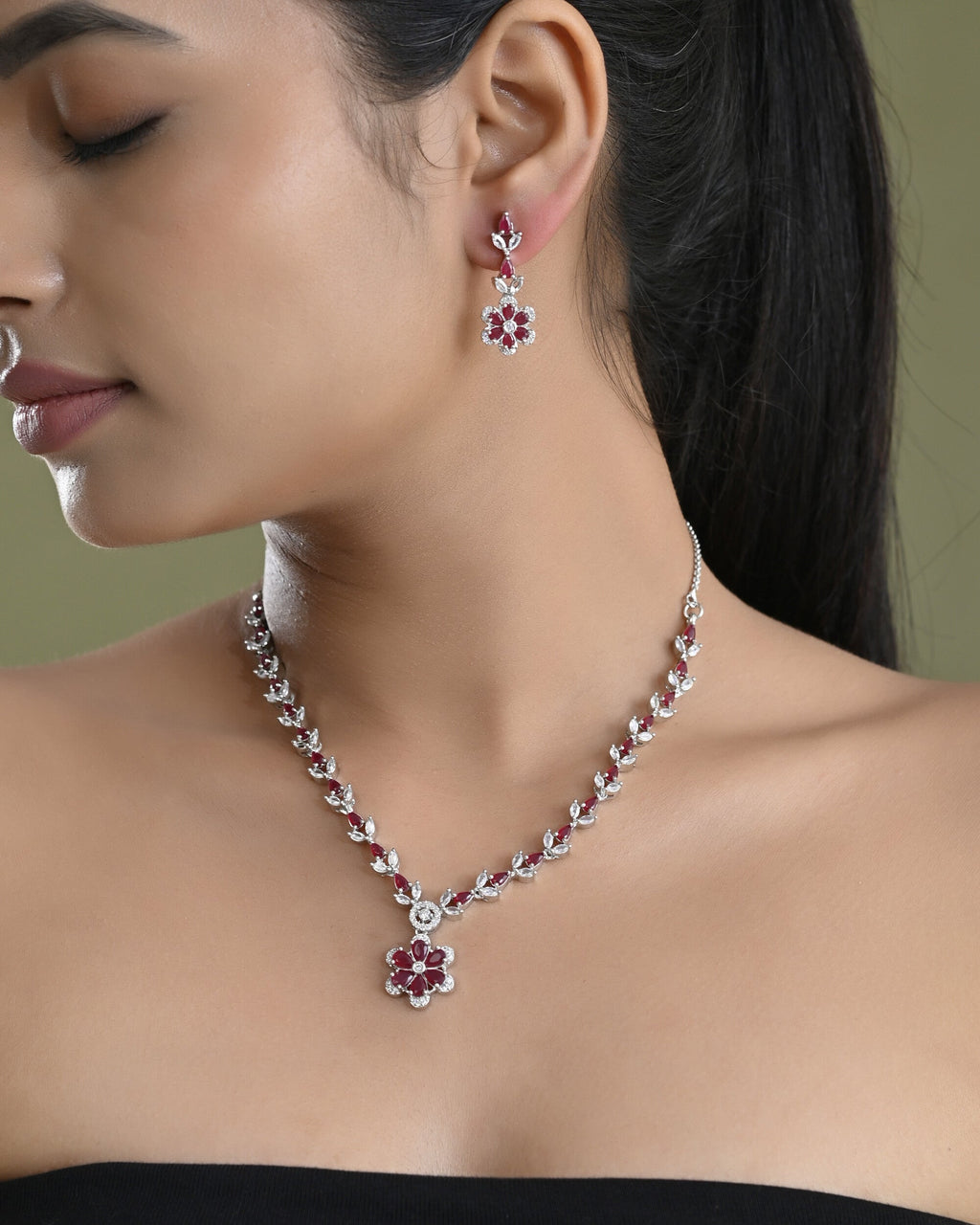 VOJ Silver Plated Marron Stone Floral AD Jewellery Set