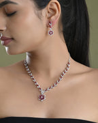 VOJ Silver Plated Marron Stone Floral AD Jewellery Set