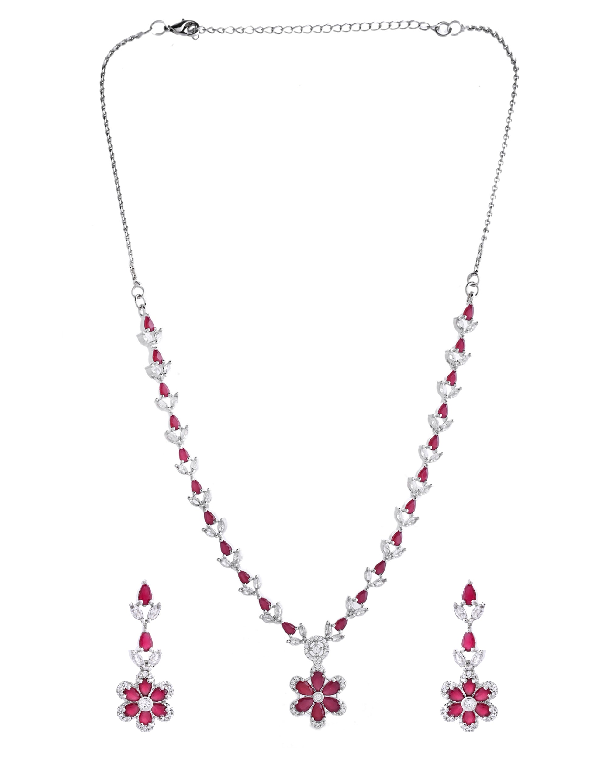 VOJ Silver Plated Marron Stone Floral AD Jewellery Set