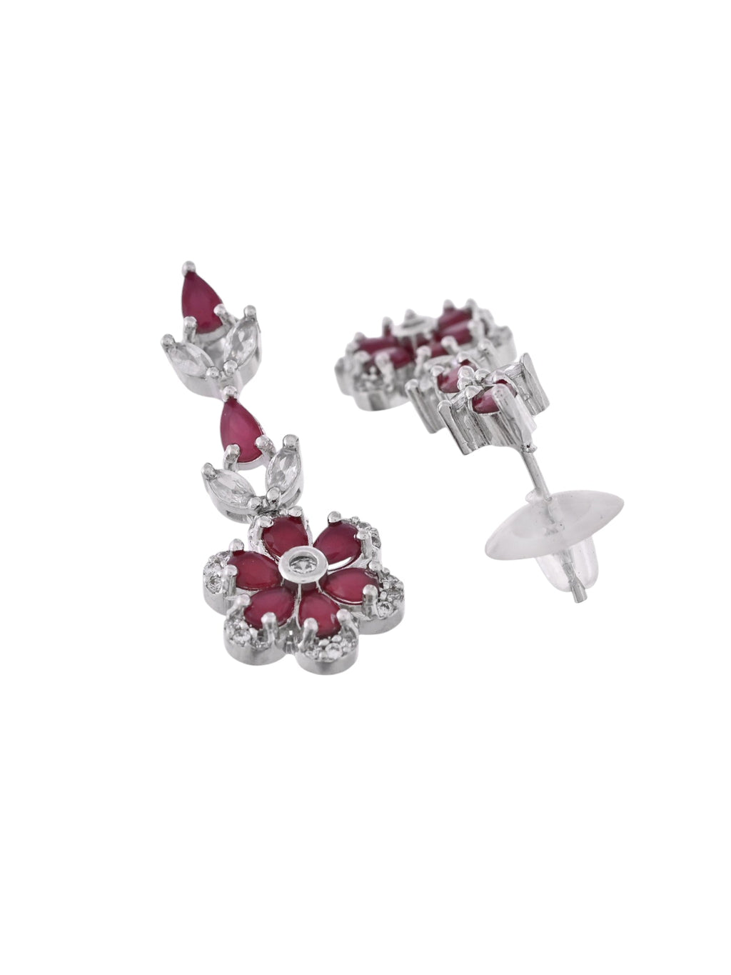 VOJ Silver Plated Marron Stone Floral AD Jewellery Set