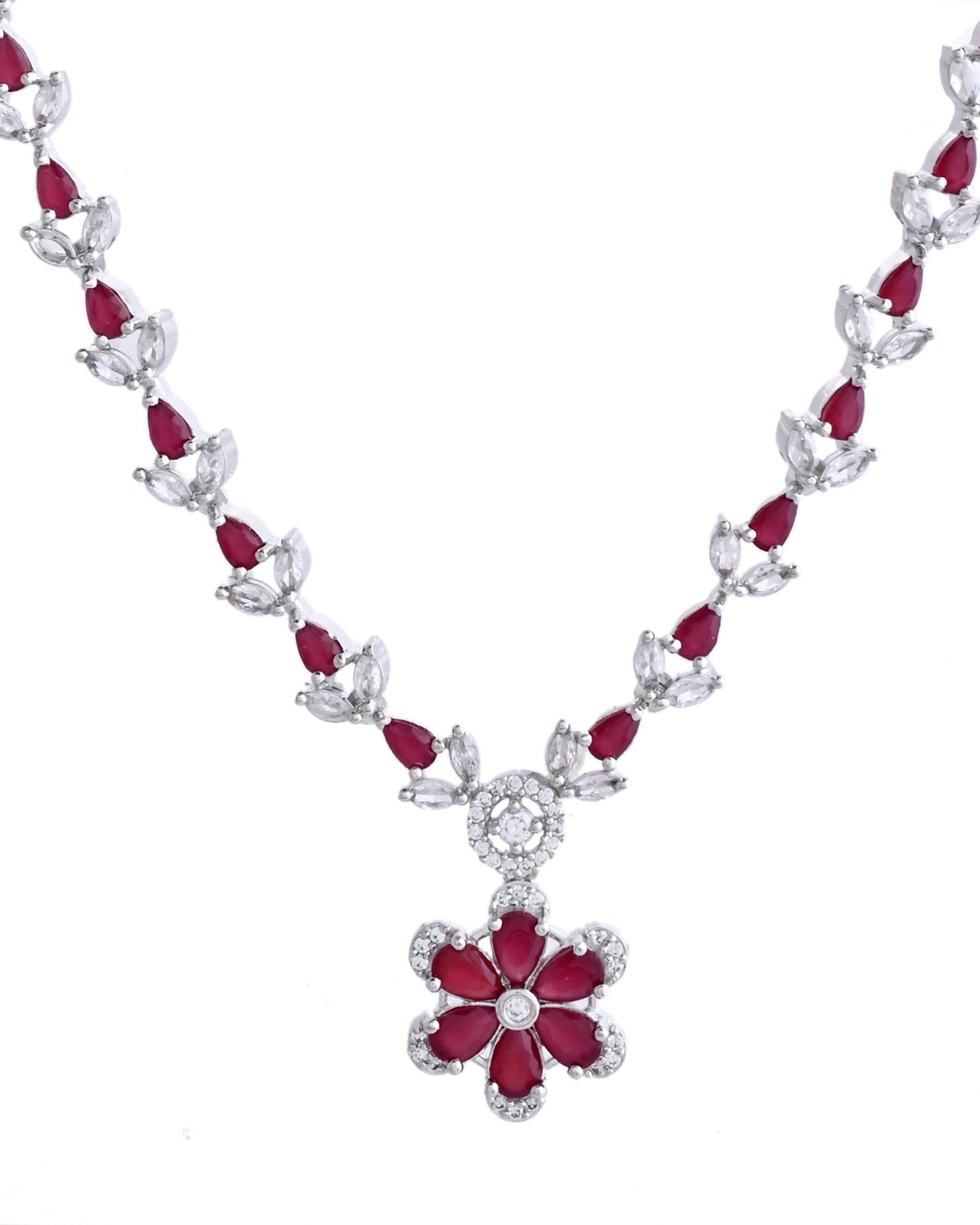 VOJ Silver Plated Marron Stone Floral AD Jewellery Set