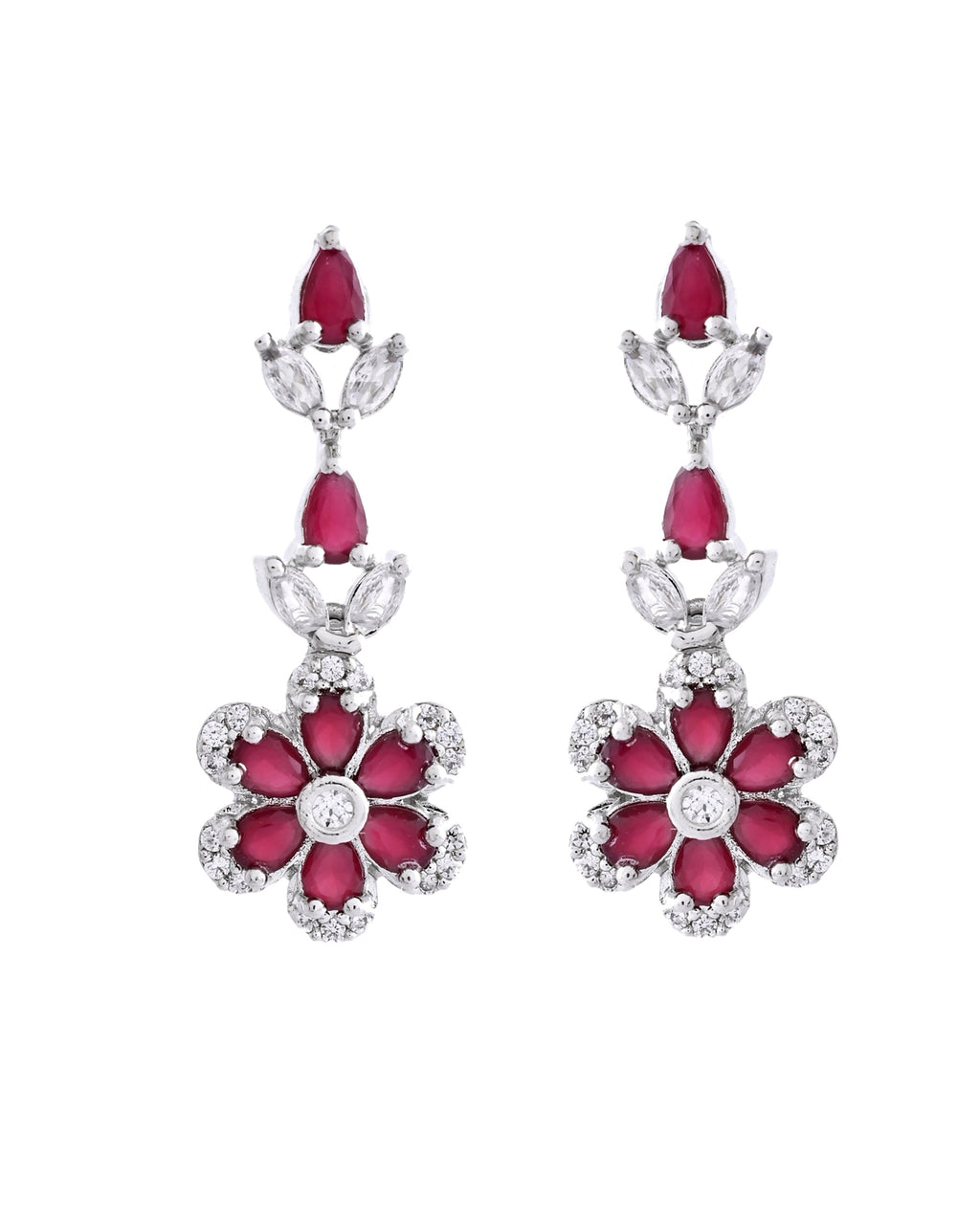 VOJ Silver Plated Marron Stone Floral AD Jewellery Set