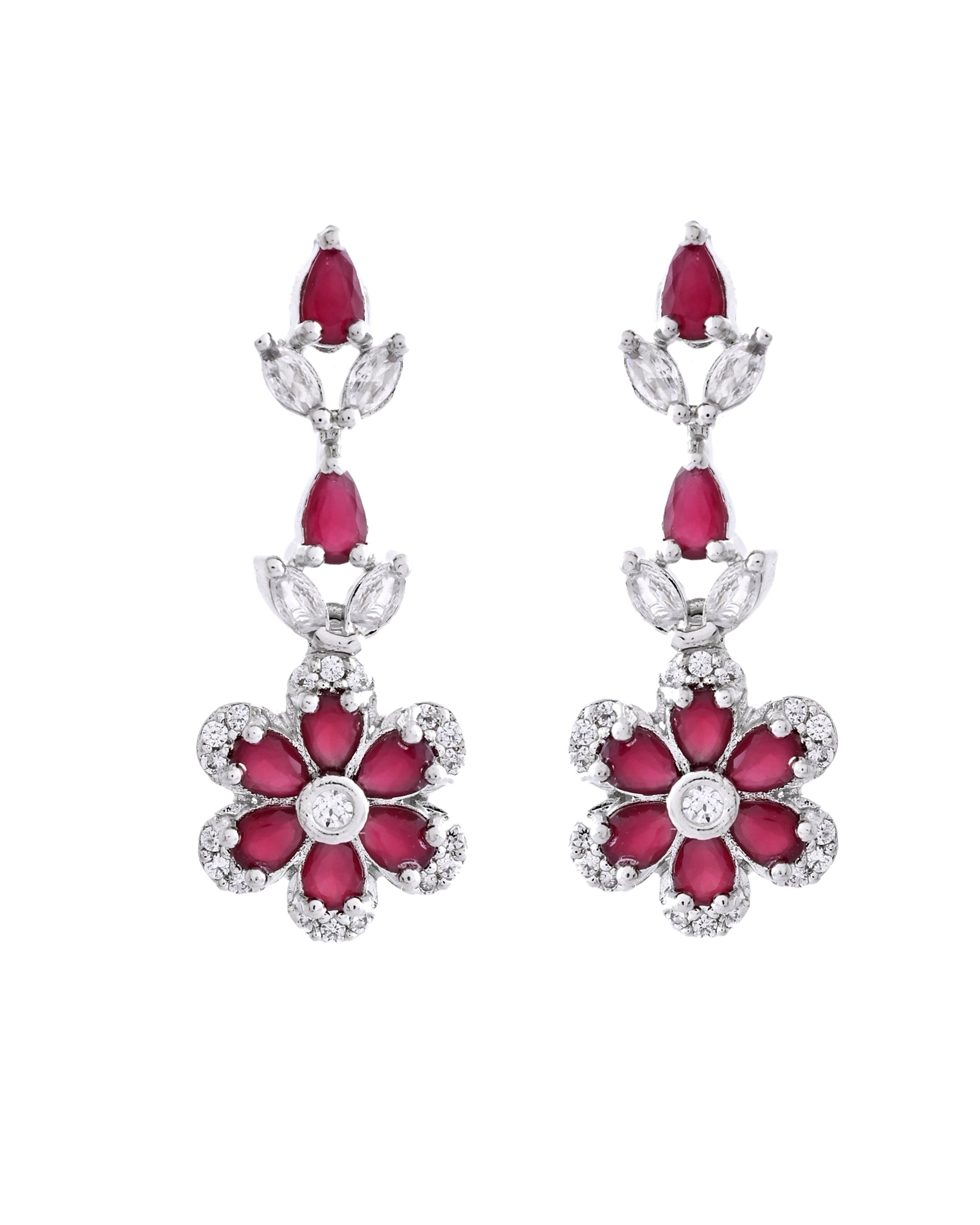 VOJ Silver Plated Marron Stone Floral AD Jewellery Set