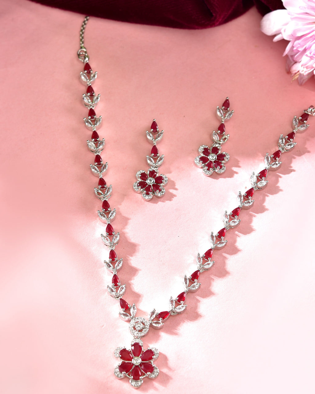 VOJ Silver Plated Marron Stone Floral AD Jewellery Set