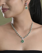 VOJ Silver Plated Green Stone Floral AD Jewellery Set