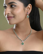 VOJ Silver Plated Green Stone Floral AD Jewellery Set