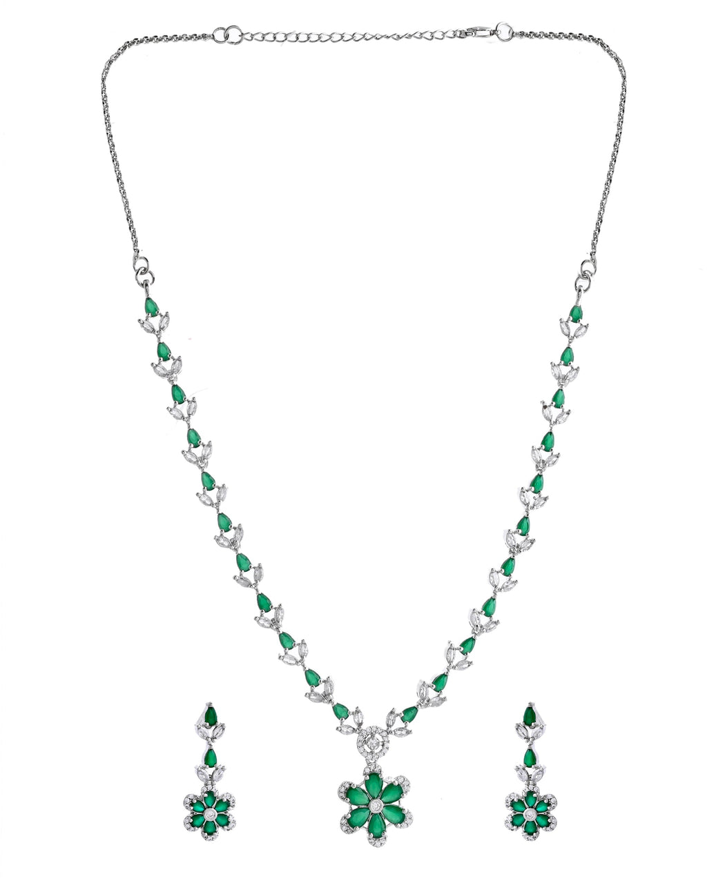 VOJ Silver Plated Green Stone Floral AD Jewellery Set