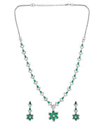 VOJ Silver Plated Green Stone Floral AD Jewellery Set