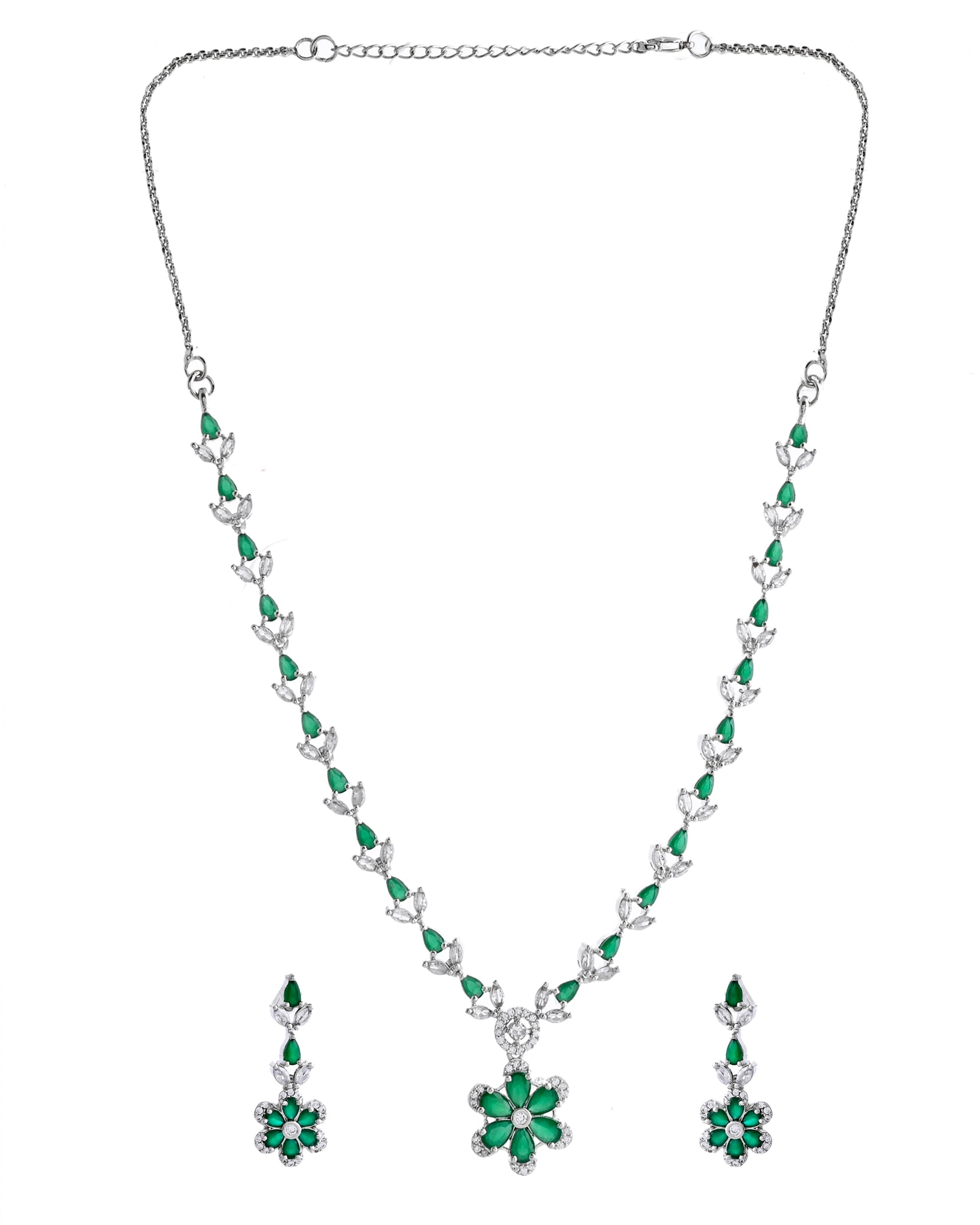 VOJ Silver Plated Green Stone Floral AD Jewellery Set