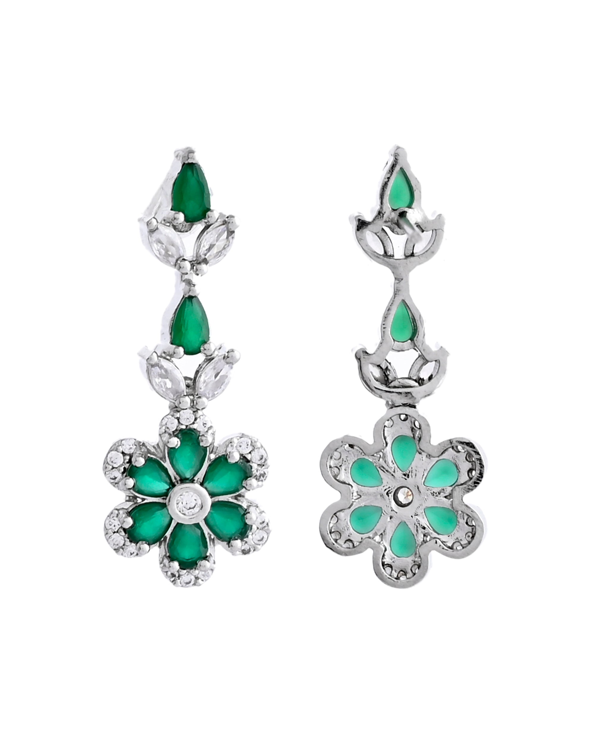 VOJ Silver Plated Green Stone Floral AD Jewellery Set