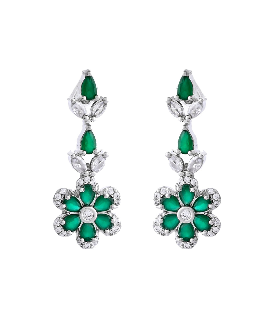 VOJ Silver Plated Green Stone Floral AD Jewellery Set