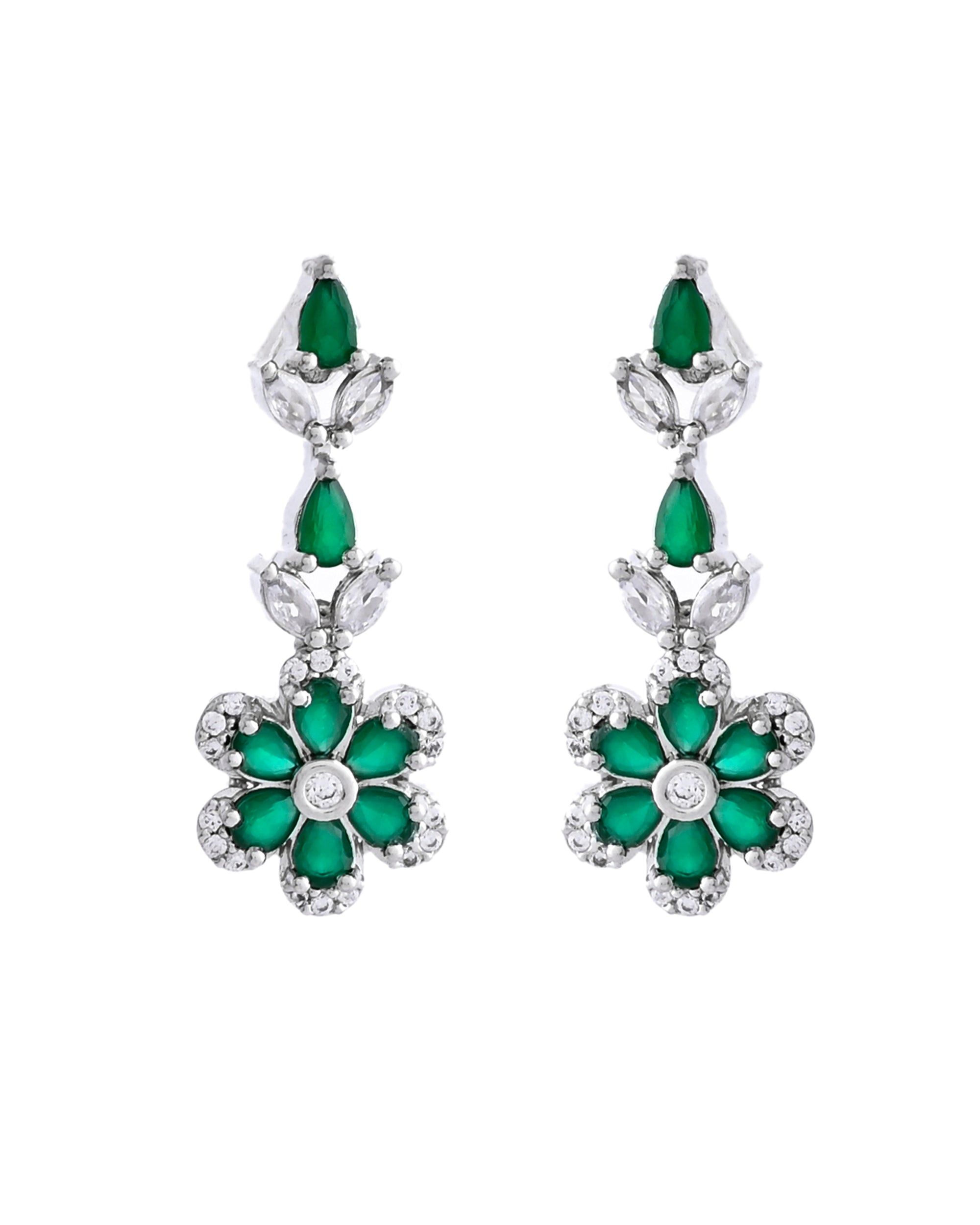VOJ Silver Plated Green Stone Floral AD Jewellery Set