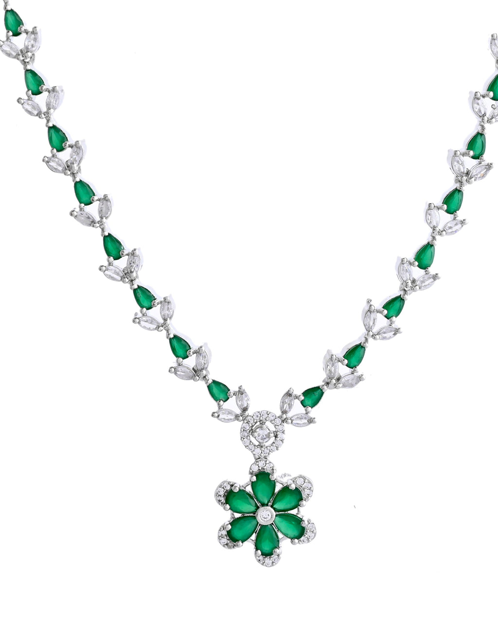 VOJ Silver Plated Green Stone Floral AD Jewellery Set