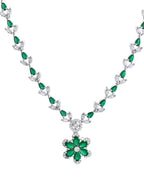 VOJ Silver Plated Green Stone Floral AD Jewellery Set