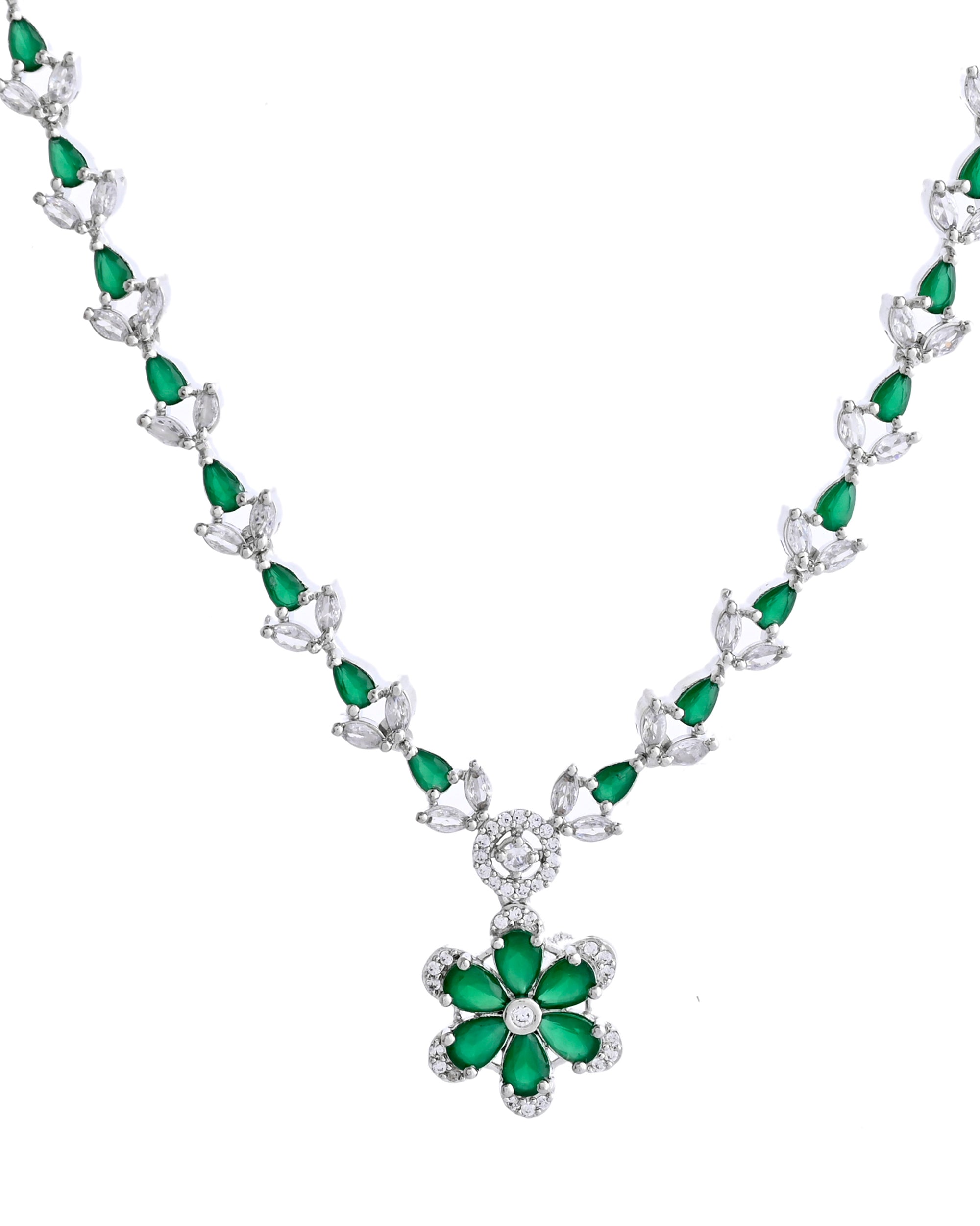 VOJ Silver Plated Green Stone Floral AD Jewellery Set