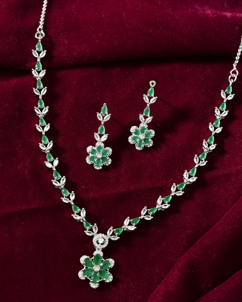 VOJ Silver Plated Green Stone Floral AD Jewellery Set