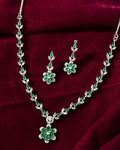 VOJ Silver Plated Green Stone Floral AD Jewellery Set