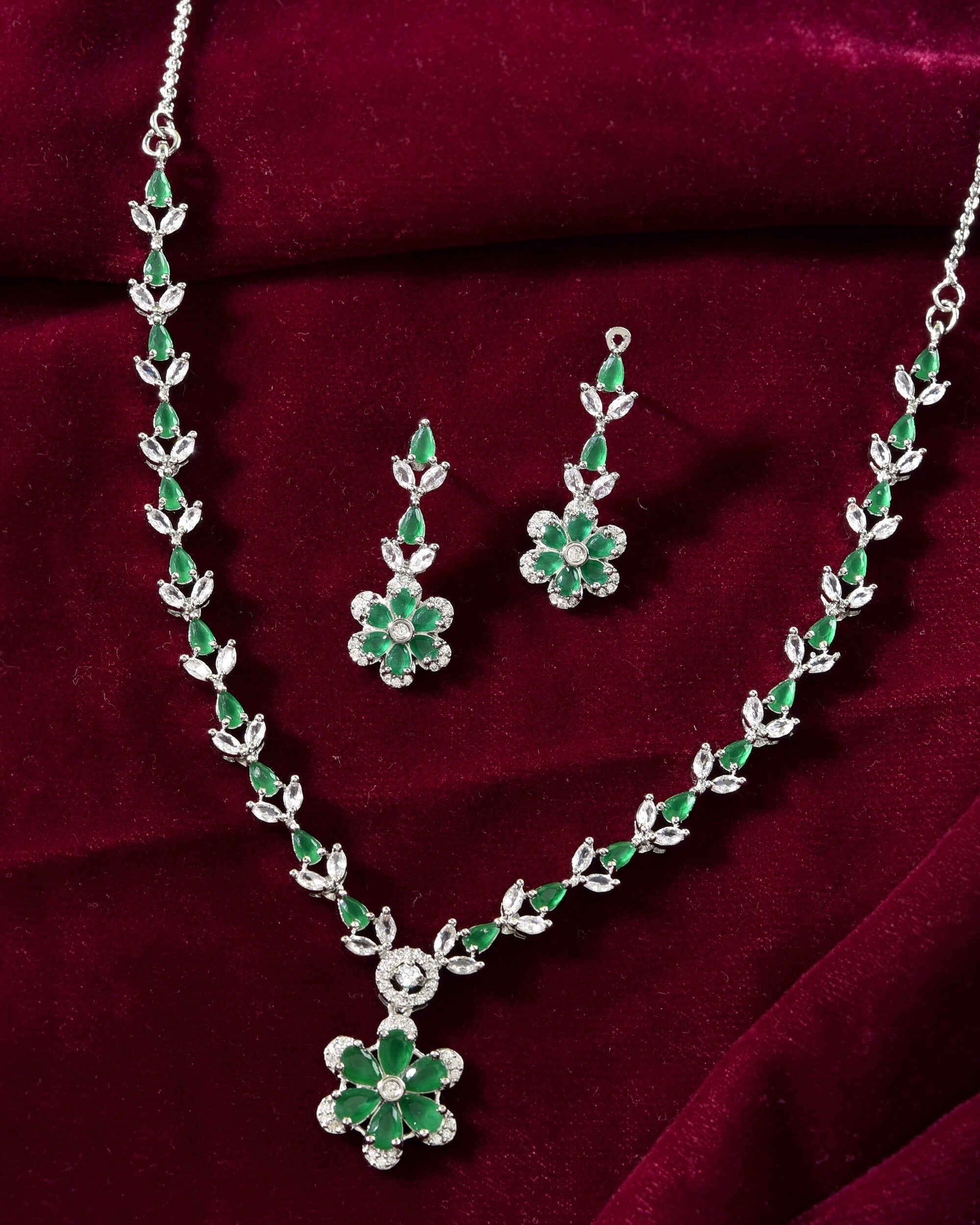 VOJ Silver Plated Green Stone Floral AD Jewellery Set