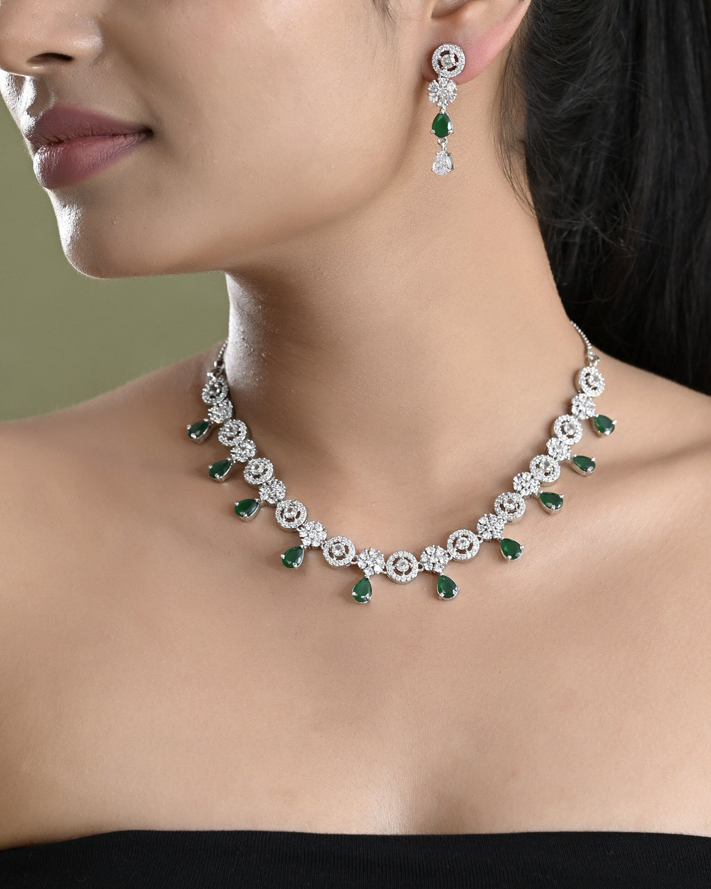 VOJ Silver Plated Green Stone Cricular AD Jewellery Set
