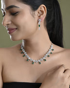 VOJ Silver Plated Green Stone Cricular AD Jewellery Set