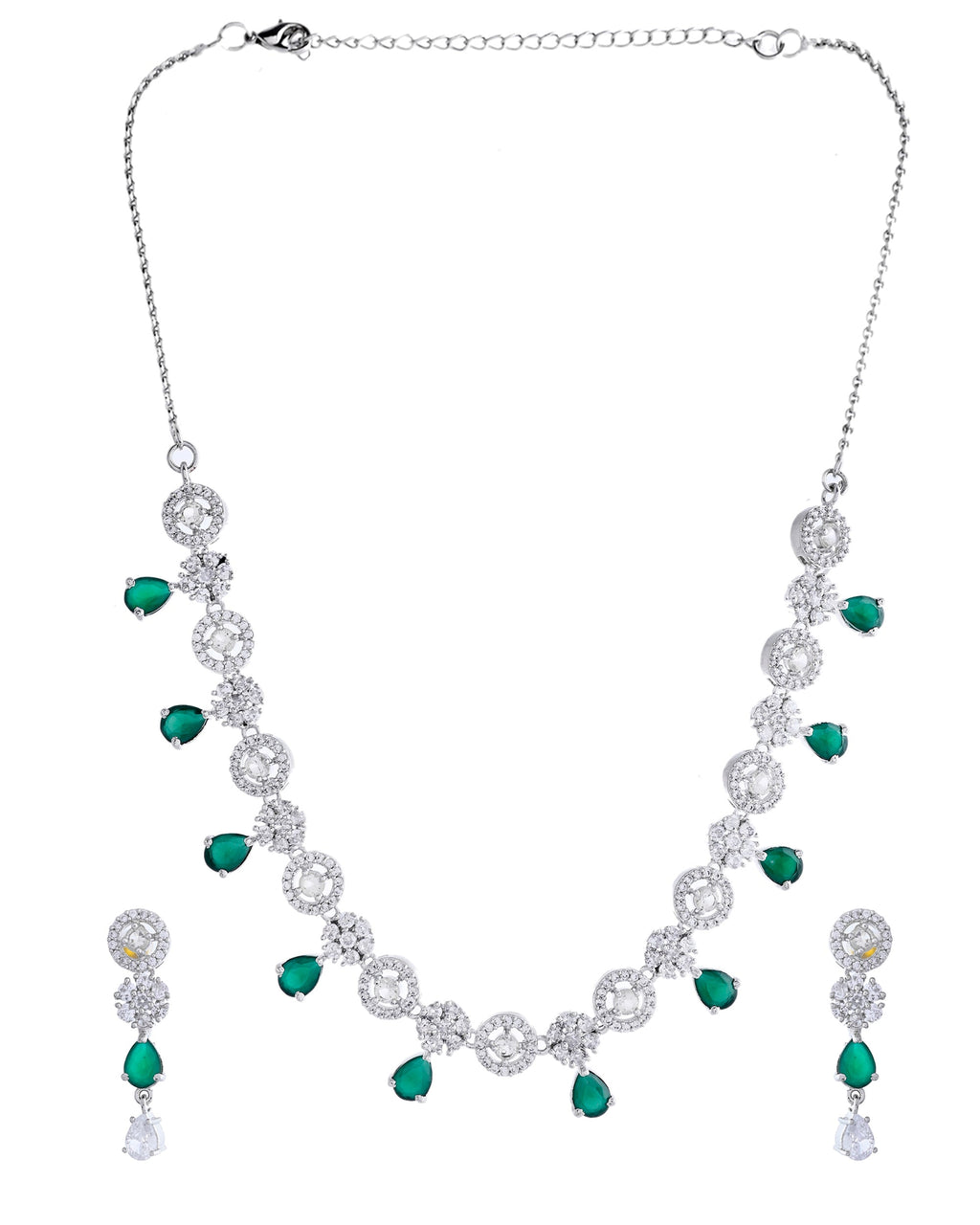 VOJ Silver Plated Green Stone Cricular AD Jewellery Set