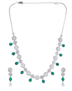 VOJ Silver Plated Green Stone Cricular AD Jewellery Set