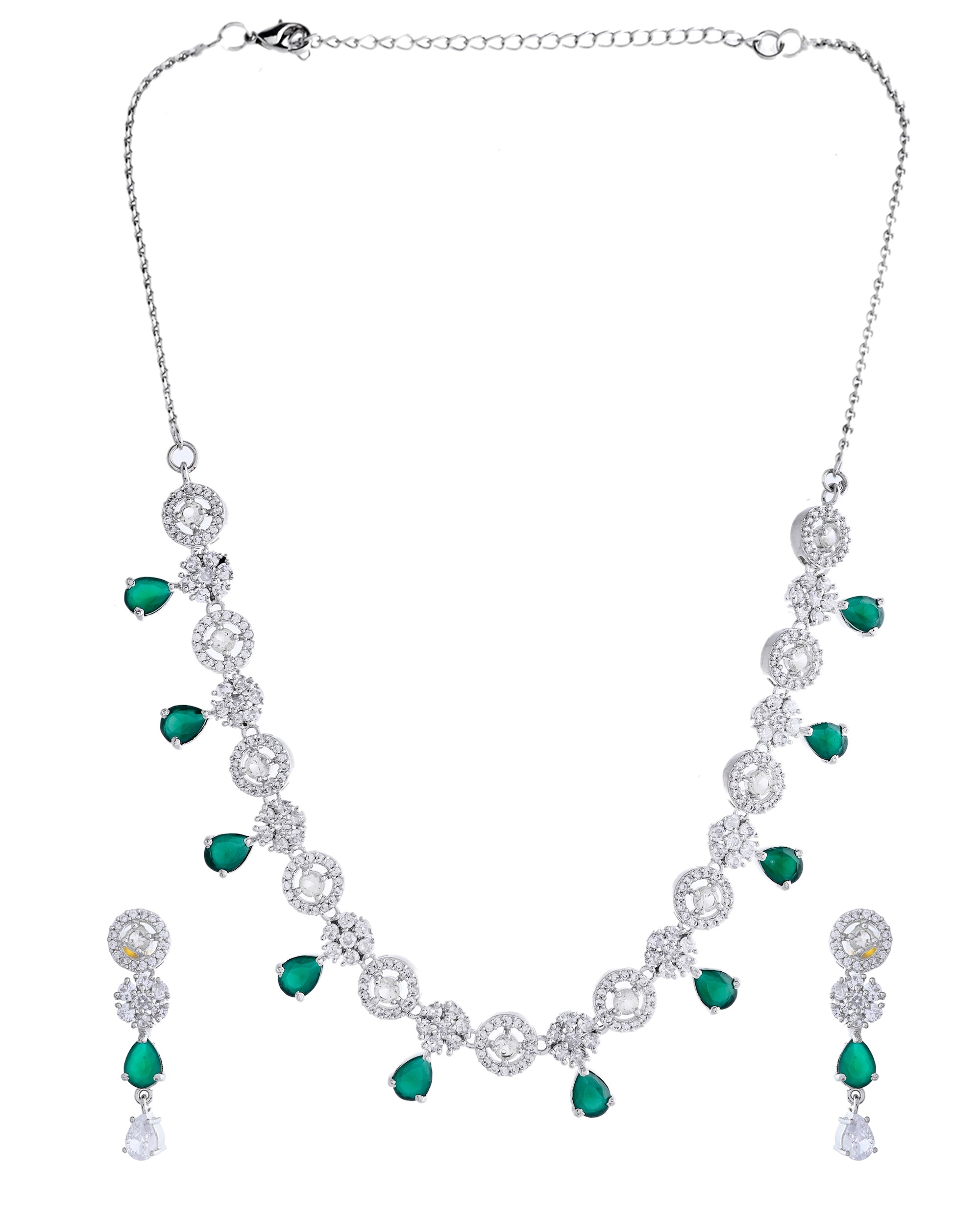 VOJ Silver Plated Green Stone Cricular AD Jewellery Set