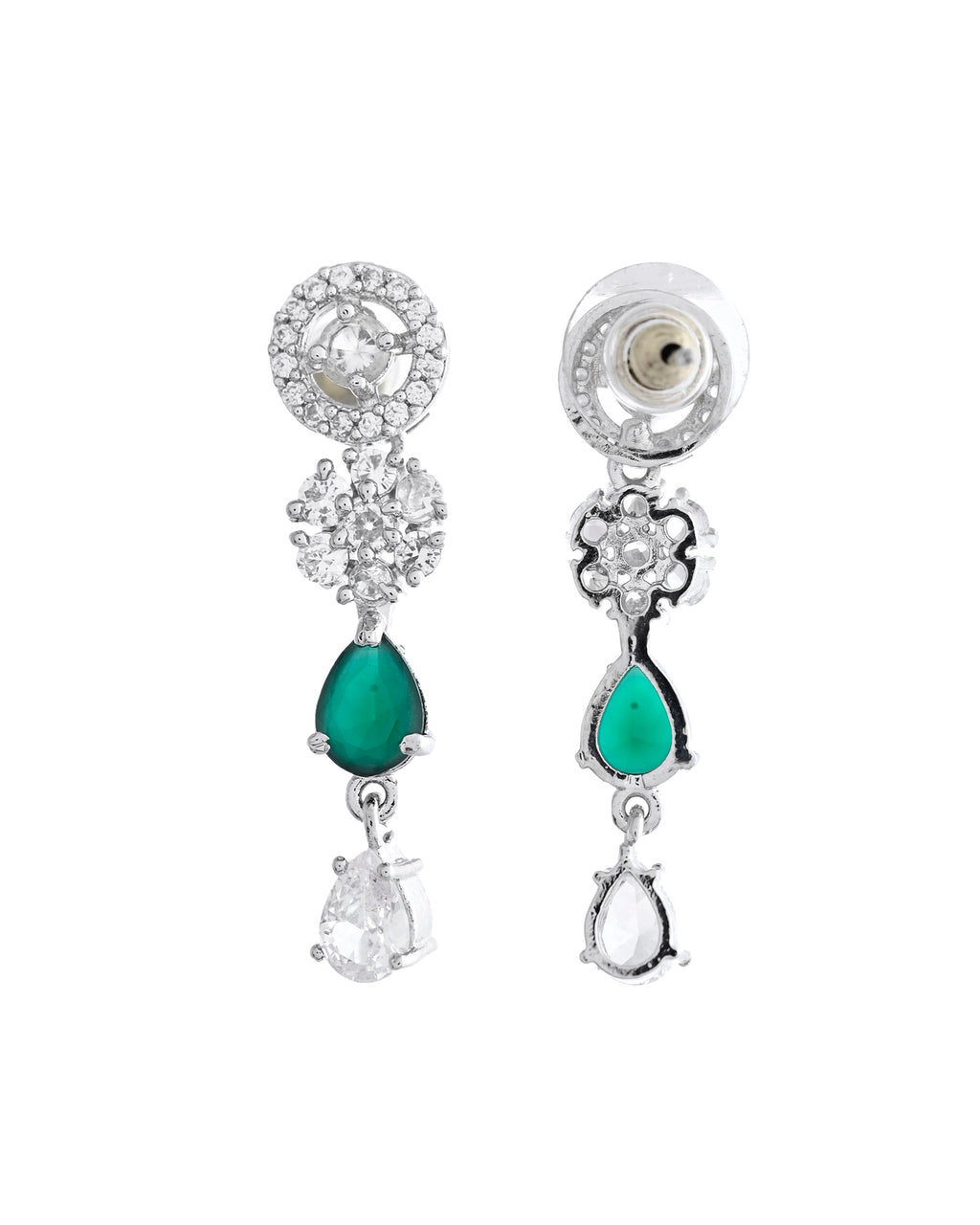 VOJ Silver Plated Green Stone Cricular AD Jewellery Set
