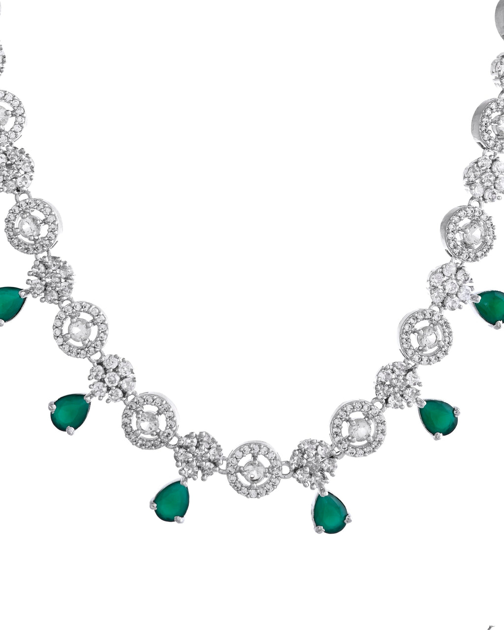 VOJ Silver Plated Green Stone Cricular AD Jewellery Set