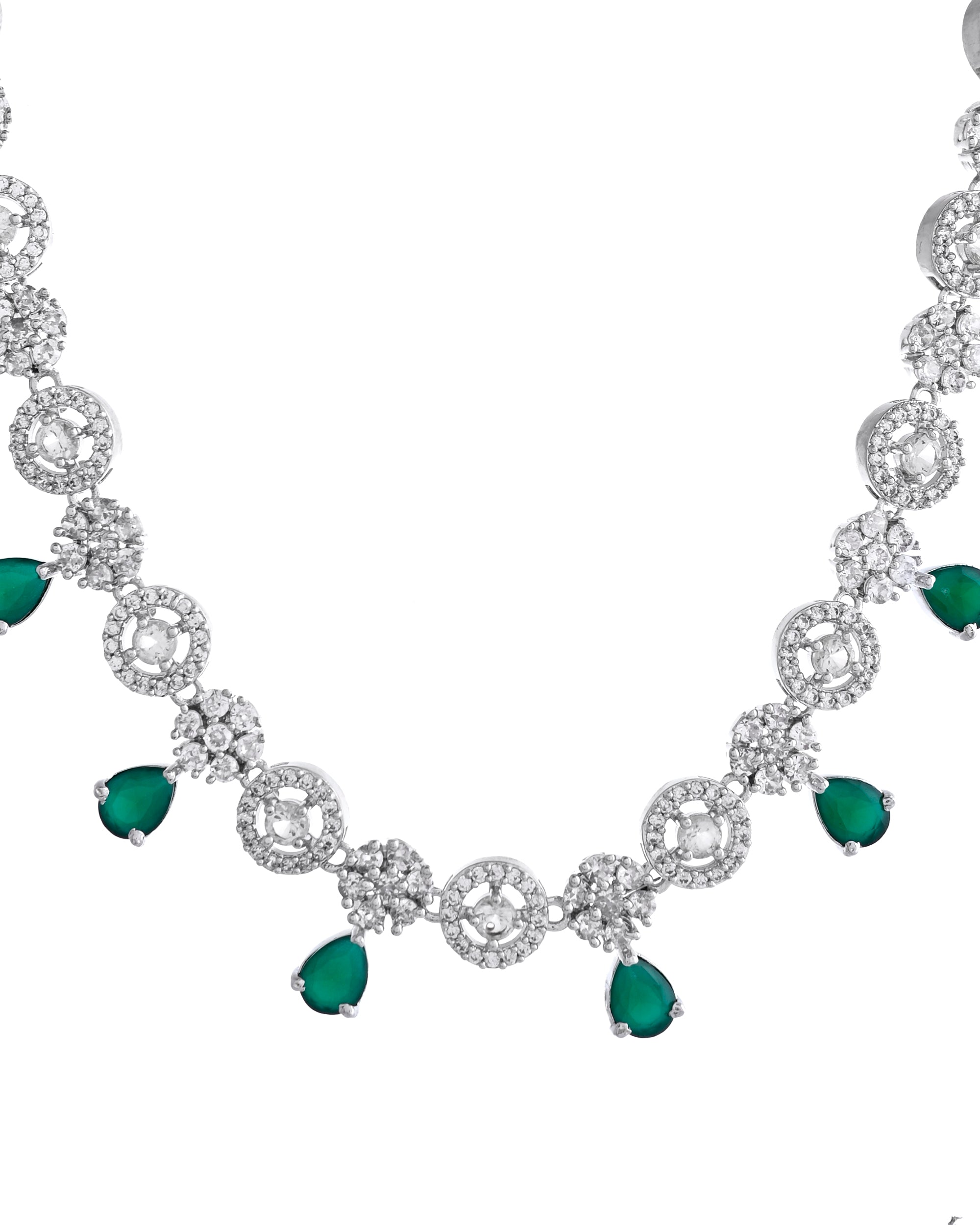 VOJ Silver Plated Green Stone Cricular AD Jewellery Set
