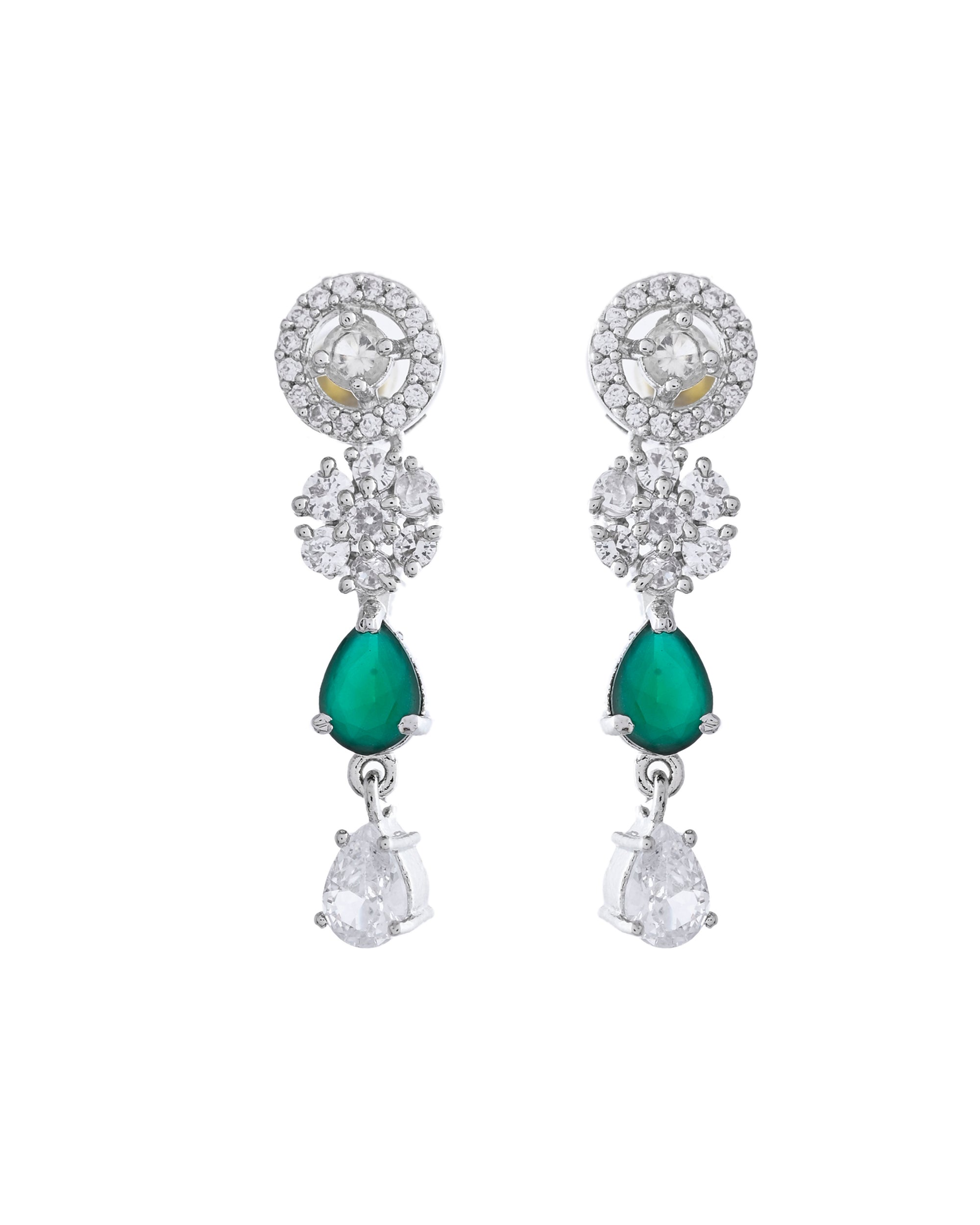VOJ Silver Plated Green Stone Cricular AD Jewellery Set