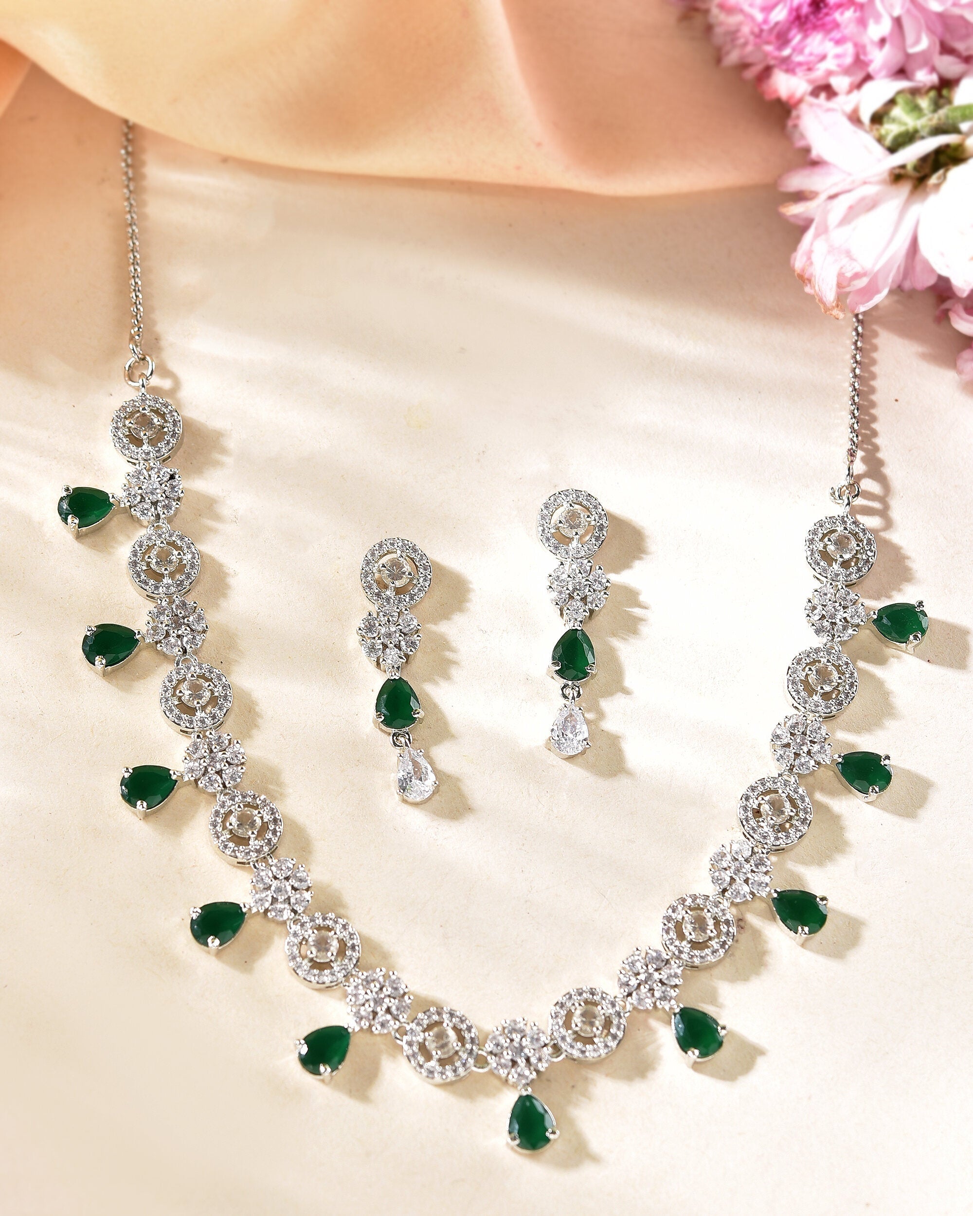 VOJ Silver Plated Green Stone Cricular AD Jewellery Set